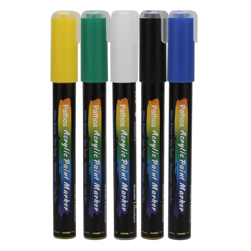 Image of Acrylic Paint Markers for Rock Painting, Stone, Glass, Metal and Ceramic Yellow Green White Black Blue pack of 5