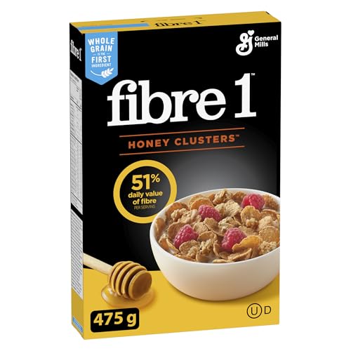 Fiber One Honey Clusters Flavour Cereal Box, Whole Grain is the First Ingredient, 51% of Your Daily Value of Fibre Per Serving, With Real Honey, 475 Grams Package of Cereal