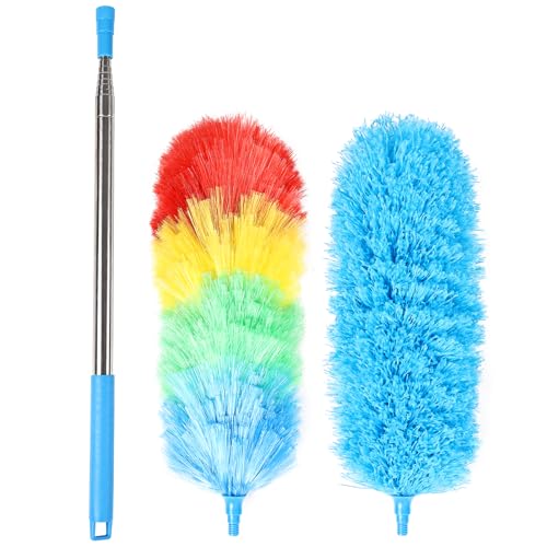 iHUFeather Rainbow Extendable Static Duster Reusable Microfiber Duster with 100 Telescoping Pole Beandable and Washable Dusters Head for Cleaning Ceiling Fan Furniture