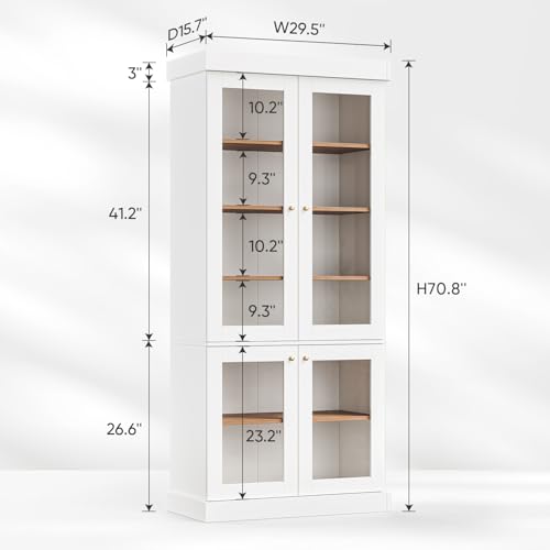 Image of Vyre 70.8 inch Tall Farmhouse Bookshelf, Modular Bookcase with Glass Doors, 6-Tier Adjustable Shelves, Large Storage Cabinet for Kitchen, Living Room, White, Set of 3