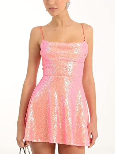 Image of FEORJGP Womens Sparkly Sequin Mini Dress Shiny Spaghetti Strap Short Dress Glitter Disco Slip Dresses Cocktail Party Clubwear