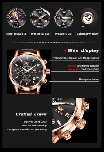 Image of OLEVS Watches for Men Original Analog Quartz Stylish Brown Leather Luxury Business Chronograph Waterproof Date Mens Wrist Watch