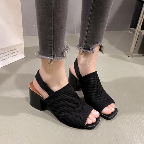 Women's Knit Peep Toe Chunky Block Heeled Sandals with Ankle Strap Fashion Cut Out Open Square Toe Backless Slip On High Heels Summer Casual Work Office Wedding Dressy Pumps4