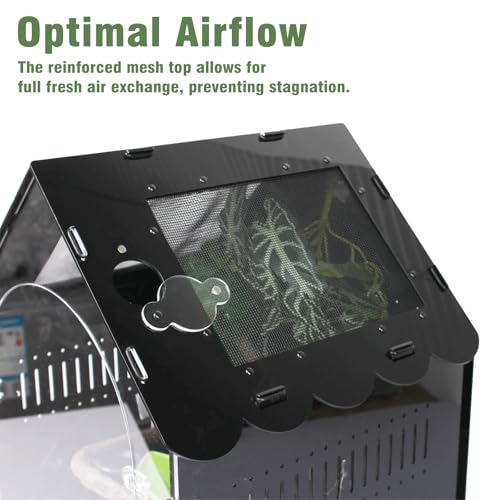 Image of Reptile Terrarium 12.4x12.4x16.2 - Magnetic Front Opening Acrylic Reptile Enclosure, Escape-Proof Black Acrylic Cage for Crested Gecko, Tarantula, Scorpion & Arboreal Pets with Feeding Lid & Wave Roof