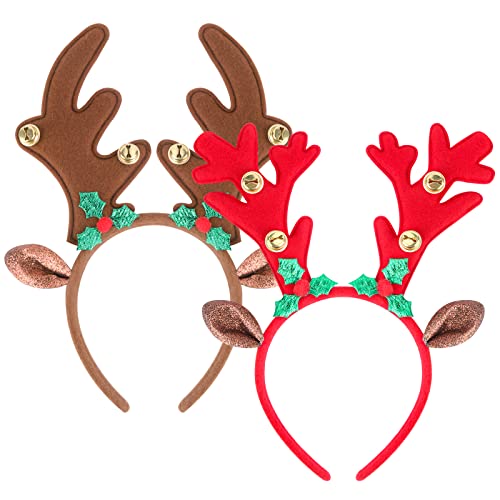 ATESSON 2 Reindeer Ears Headband with 4 bells, Christmas Headband Reindeer Hair Hoop Headwear for Children and Adults