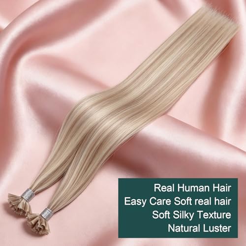 Image of Easyouth Blonde U Tip Hair Extensions, 14 Inch 50G 50S, Real Human Hair Highlights Ash Blonde with Bleach Blonde, Ktip Human Hair Extension, Invisible for Add Volume