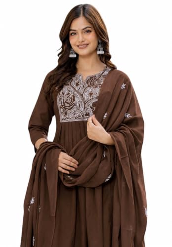 Women's Cotton Anarkali Embroidered Kurta Palazzo Pant Dupatta Se...
