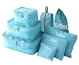 Evatex Travel Packing Cubes, with Waterproof Shoe, Cosmetic, Diaper, Laundry Bag, Blue, Set of 8