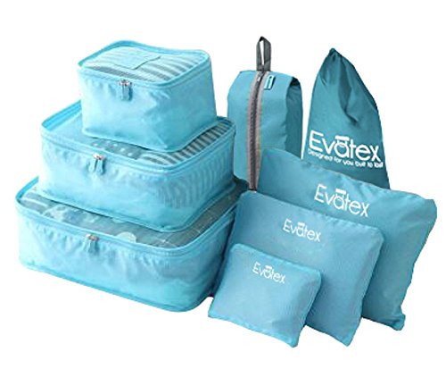 Packing Cubes - 8 Set Travel Packing Cubes-by Evatex, with Waterproof Shoe Bag, cosmetic bag, diaper bag, Laundry Bag (Blue)