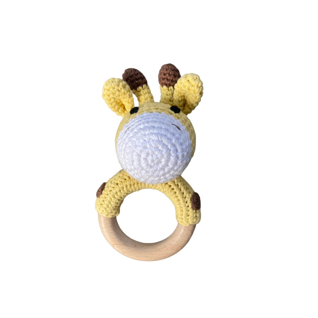Baby J's - Giraffe Rattle - Newborn Sensory Toys - Made from Natural Beach Wood and Soft Crochet Wool - Perfect for Little Hands to Hold - Suitable from 3 Months Old