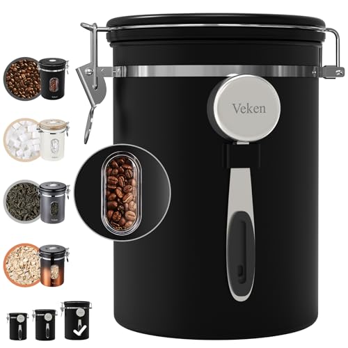 Veken 38oz Large Coffee Canister with Window, Airtight Stainless Steel, Kitchen Food Storage Container with Lids, Date Tracker and Scoop, Grounds Coffee Beans, Tea, Flour, Cereal, Sugar Jars, Black
