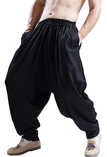 Clanmilums Men's Casual Black Harem Pants Baggy Boho Hippie Drop Crotch Trouser (3X-Large, Black) #TOP1