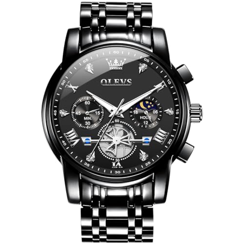 Image of OLEVS Men Watches Stainless Steel Chronograph Watch, Large Wrist Analog Quartz Watch, Fashion Waterproof Diamond Roman Numerals Dress Watches for Men, Gold /Black /White /Blue /Grey Dial
