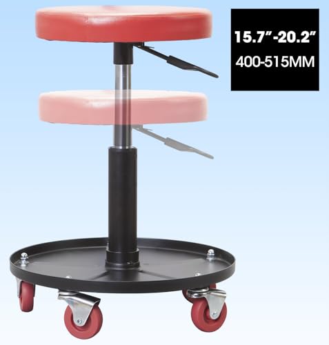 Image of Big RED Creeper Garage /Shop Seat: Heavy Duty Rolling Pneumatic Padded Adjustable Mechanic Stool with Tool Tray Storage, Red Large
