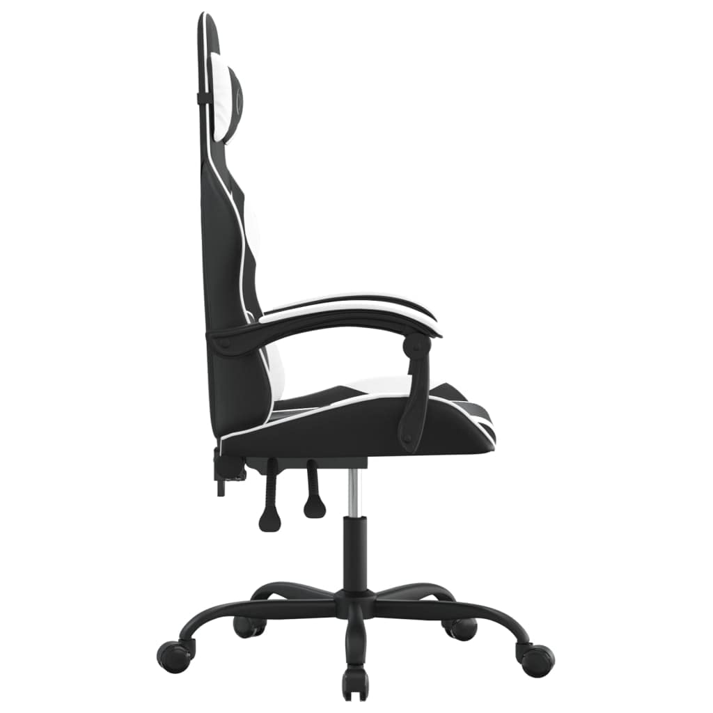 Fotel gamingowy ze sztucznej skóry, czarno-białe, z zagłówkiem i podparciem lędźwiowym, regulacja wysokości i obrotowe, ergonomiczne krzesło biurowe z podłokietnikami