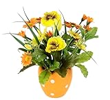 Kunstblumen Stiefmütterchen Margeriten im Topf Ei 22cm Ostergesteck Osterdeko Oster-Ei Tischdeko Deko Ostern Künstlich Frühlingsblume Unechte Blumen Frühjahrsdeko mini Blumen, gelb/orange