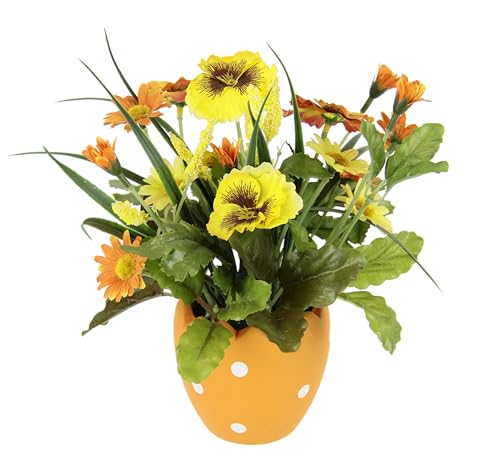 Kunstblumen Stiefmütterchen Margeriten im Topf Ei 22cm Ostergesteck Osterdeko Oster-Ei Tischdeko Deko Ostern Künstlich Frühlingsblume Unechte Blumen Frühjahrsdeko mini Blumen, gelb/orange