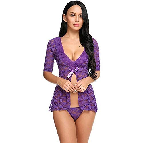 Sexy underwear deep V nuisesette dentelle grande taille nuit violet