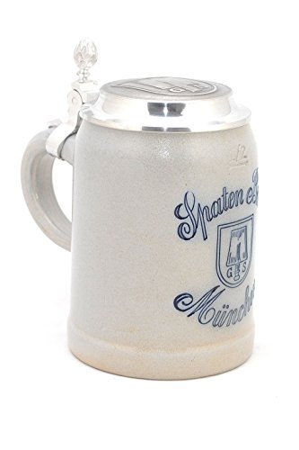 Bavariashop Bierkrug Spaten-Bräu Steinkrug mit Zinndeckel salzglasiert, 0,5 Liter Fassungsvermögen, Steinzeug, Geschenkidee aus Bayern