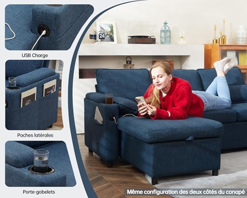 Canapé d'angle Convertible AX20511BU-ABC Bleu, rangement & USB