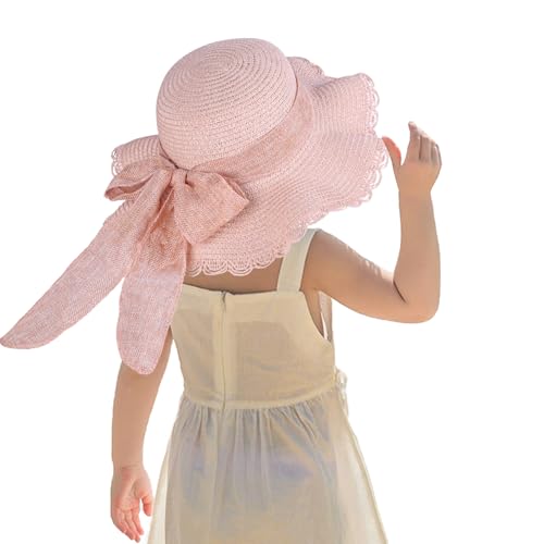 Kids Girl Summer Straw Hat Foldable Wide Brim Cap Sun Visor Hats Sun Protection Beach Hats Bowknot Floppy Cap (Pink)