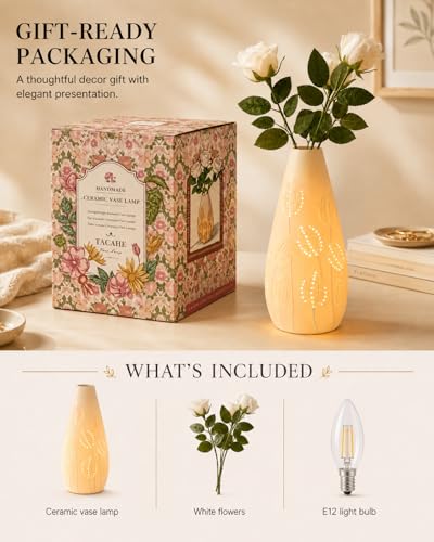 TACAHE Ceramic Vase Table Lamp, 2700K Bulb & 3 Artificial Flowers Included, E12 Socket, Inline Switch, Handmade Openwork Craft, Ambient Light for Living Room Bedroom - Tulip 11" — view 5