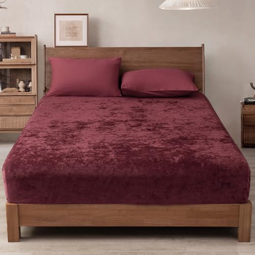 PHF Truly Velvet Fitted Sheet Only for Warm Deep Sleep, Full Size, Wine