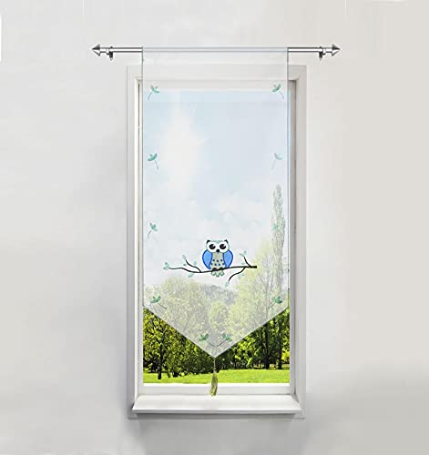 BAILEY JO 1Pièce Rideau Brise-bise LxH/40x90CM en Polyester Transparent Broderie Hibou Bleu avec Pompon Rideaux Courts Décoration de Fenêtre