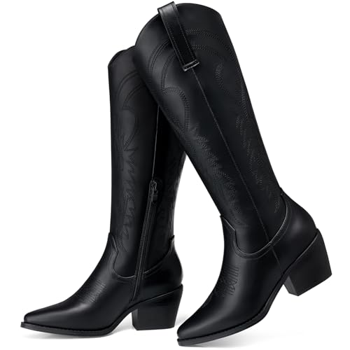 TEMOFON Cowboy Boots for Women Cowgirl: Black Knee High Pointed Toe Wide Calf Booties Chunky Heel with Side Zipper Fall Winter Size 8