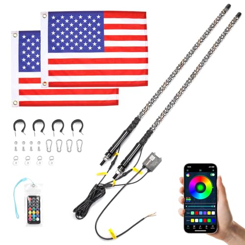 KEMIMOTO 2pc 3ft Bluetooth LED Whip Lights for UTV