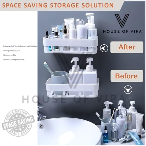 Image of House of VIPA Plastic Bathroom Shelf for Wall, Self-Adhesive Bathroom Organiser with Towel Holder, Ideal Bathroom Accessories for Efficient Space Utilisation (Bath Shelf, 2 Pack), Multicolor