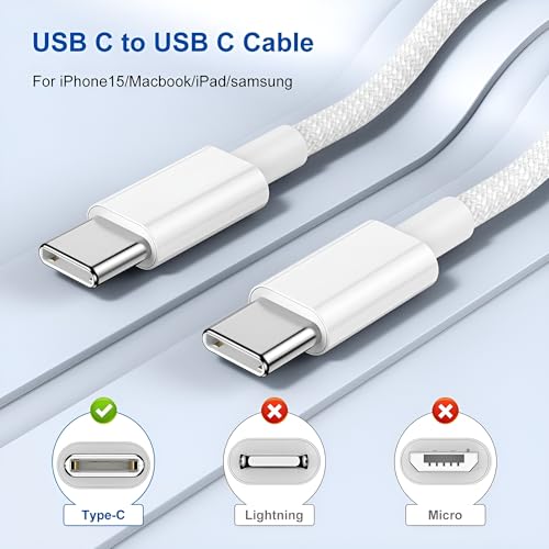 Image of iPhone 60W Fast Charger Braided Cable for iPhone 15 /15 Plus /15 Pro Max, MacBook, Samsung S24 ultra /S24 Plus /S23 /S22 /S23 Fe 5G,S21 fe, Nothing 2a /2, Galaxy Tab /Pad, USB C 60 w Charging Cord, White