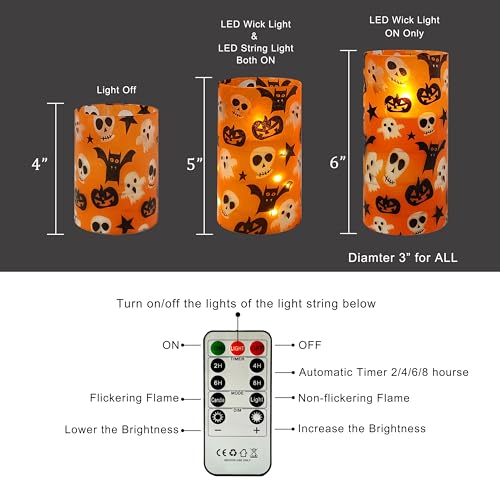 Image of Flickering Flameless Candles Halloween Pumpkin Ghost Print, Embedded Star String Lights, Battery Operated Acrylic LED Pillar Candles with 11-Key Remote and Timer for Home Decoration, 3 Pack
