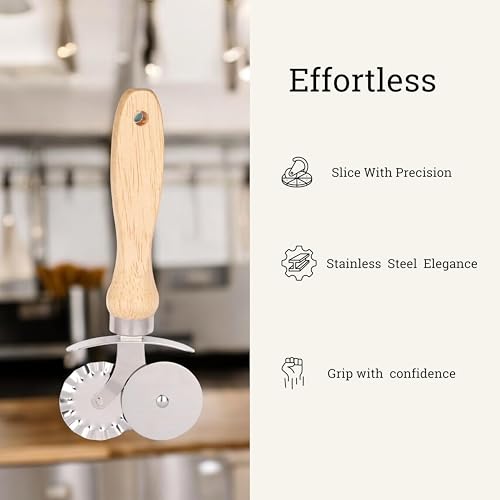 Image of Kreshu 2 in 1 Stainless Steel Double Tip Wheel Pizza Cutter with Wooden Handle | Kitchen Tool Accessories for Pizza & Pastry Pasta Spaghetti Ice Cream Cubes Cutting and Sandwich Slicer (Pack of 1)