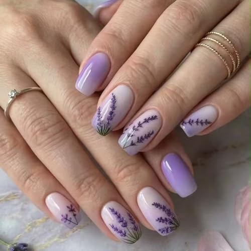 24pcs Purple Press on Nail Medium Length Square Fake Nails with Lavender designs Stick on Nail Full Cover Gradient Acrylic Press ones Glossy Reusable False Nails for Women Summer Work