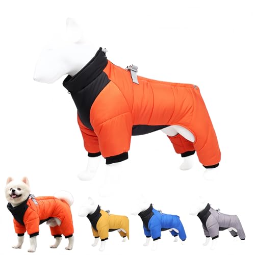 JEJIET 犬 服 冬 犬服 綿服コート ジャケット ダウンベスト風ジャケット 背中開き 反射テープ付き ハーネス付き お散歩お出かけ 軽量 四つの足 一体型綿入れを牽引する 厚い 防寒 撥水 防水ジャケット着脱簡単 暖かい ペット服 雪対策 小型犬 中