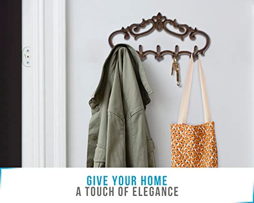 Cast Iron Wall Mounted Hanger – Vintage Design With 5 Hooks - For Keys, Towels, Robes, Clothes And More - Wall Mounted, Metal, Heavy Duty, Rustic, Vintage, Decorative Gift Idea - 12.6X5.9” | Brown #TOP3