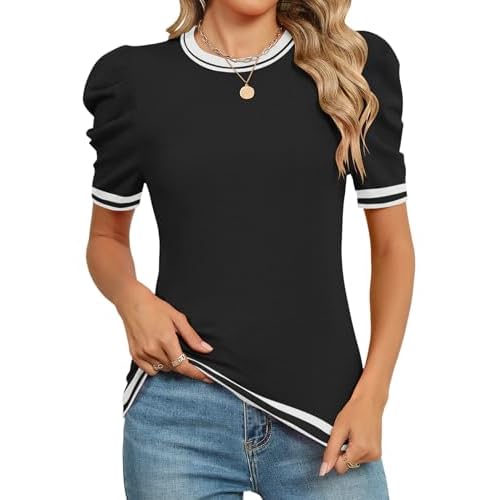 AKEWEI Puff Short Sleeve Sweater for Women Tops Trendy Spring Summer 2025 Business Casual Outfits Knit Crewneck Shirt Blouses Black White Edge Small
