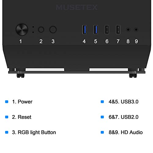 MUSETEX Phantom Black ATX Mid Tower Desktop Computer Gaming Case USB 3.0 Ports Tempered Glass Windows with 120mm LED RGB Fans Pre-Installed (BX6-MS6)