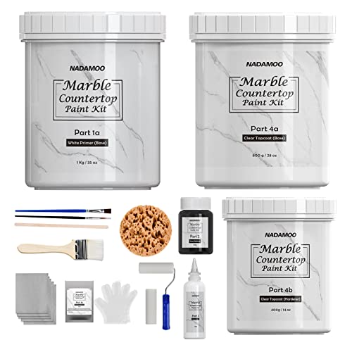 Nadamoo Countertop Paint Kit White Marble Style, With Tools, Clear Epoxy Resin Topcoat Included, Counter Top Refinishing Kit For Kitchen Bathroom Marble, Granite, Laminate, Ceramic Tile Etc, Cover Up To 35 Sq. Ft. #TOP22