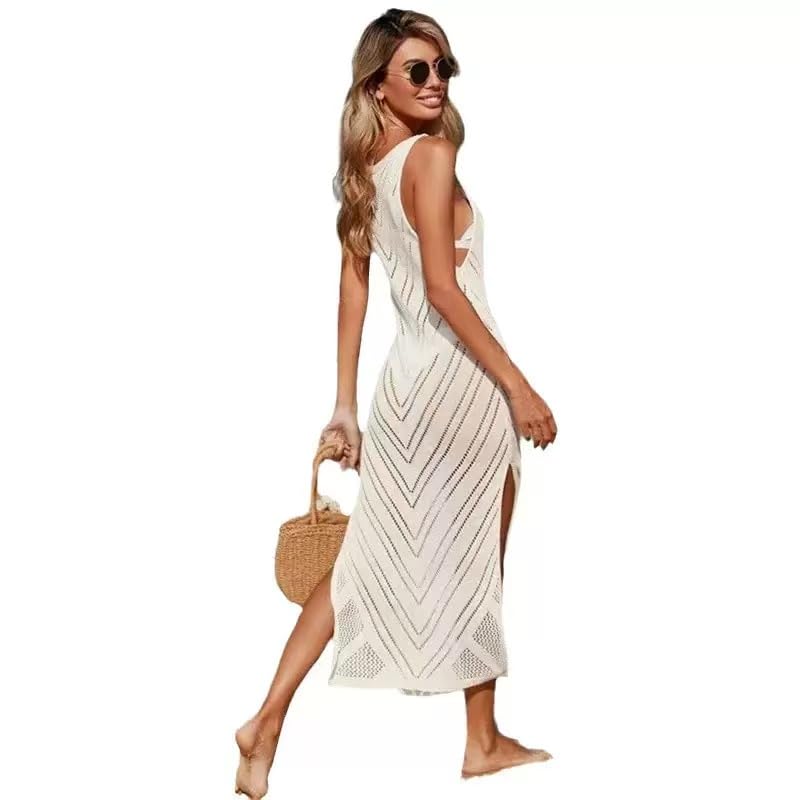 Womens Crochet Sleeveless Beach Cover Ups Dress Hollow Out Side Split Maxi Knit Bikini Beach Dress (UAE/KSA Alpha L Regular Regular White)
