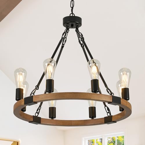 Image of Oak Wooden Wagon Wheel Chandelier 8-Light 23.6 inch Light Fixture