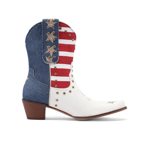 Embroidered Cowboy Western Jean Boots Women USA Flag Cowgirls Ankle Booties Comfy Dress Heeled Shoes Stars Stripes Studded Rivets Footwear for Cosplay Birthday Dance Mother’s Day3