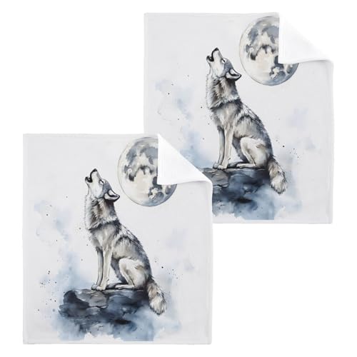 ALAZA Wash Cloth Set 100% Cotton Fingertip Towels Face Cloths Sets Wolf Moon Watercolor Highly Absorbent Soft Feel Set of 2