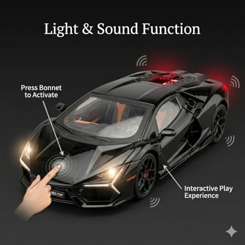 Image of Lamborghini Revuelto 1:24 Scale Die-Cast Car Model Black - Scissor Doors Sound Light Pull-Back Alloy Metal Collectible Toy Car for Kids Collectors
