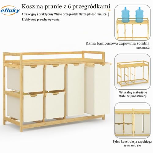 200L Kosz Na Pranie, 6 Przegródek, Duży Kosz Na Pranie, Z 2 Workami Na Pranie I 4 Pojemnikami Z Materiału, Bambusowy Kosz Na Pranie, Do łazienki, Sypialni, Beżowy