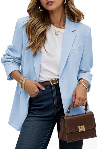 Kelyaa Women's Casual Business Blazer Notched Lapel One Button Open Front Long Sleeve Blazers Office Work Suit Jackets Light Blue