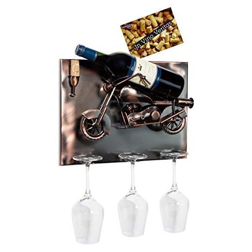 Brubaker - Porte-Bouteille de vin & 3 Porte-Verres - Moto - Art Mural 3D / Métal - Carte de vœux Incluse - Idée Cadeau Originale - Objet décoratif