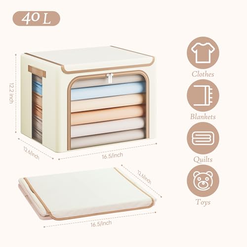 Image of Yecaye Clothes Storage Bins with Metal Frame, Foldable Clothing Storage Bin with Lid, Stackable Oxford Fabric Organizer Box With Clear Window & Zippers & PU Leather Handles (3 Pack,Beige,40L)