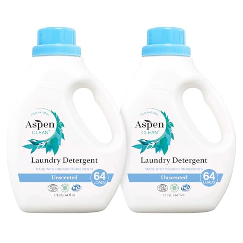 AspenClean Natural Laundry Detergent Unscented - 100% Natural, Organic, HE Liquid Laundry Detergent- Vegan, Non-Bio, Cruelty-Free, Biodegradable - Safe for Babies, Pets & Kids - EWG Certified (2 pack)